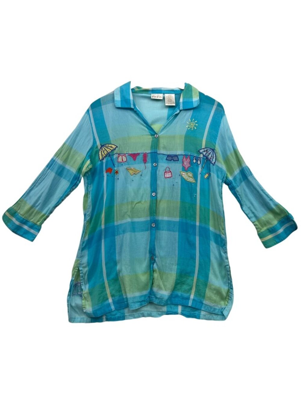 Bobbie Brooks Women's Embroidered Button Down Shirt 3/4 Sleeve Size M Blue Plaid